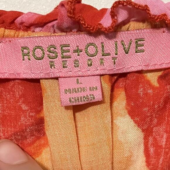 Rose + Olive Resort Vibrant Red Orange Floral Ruffle Sleeve Blouse Size Small - Picture 2 of 4